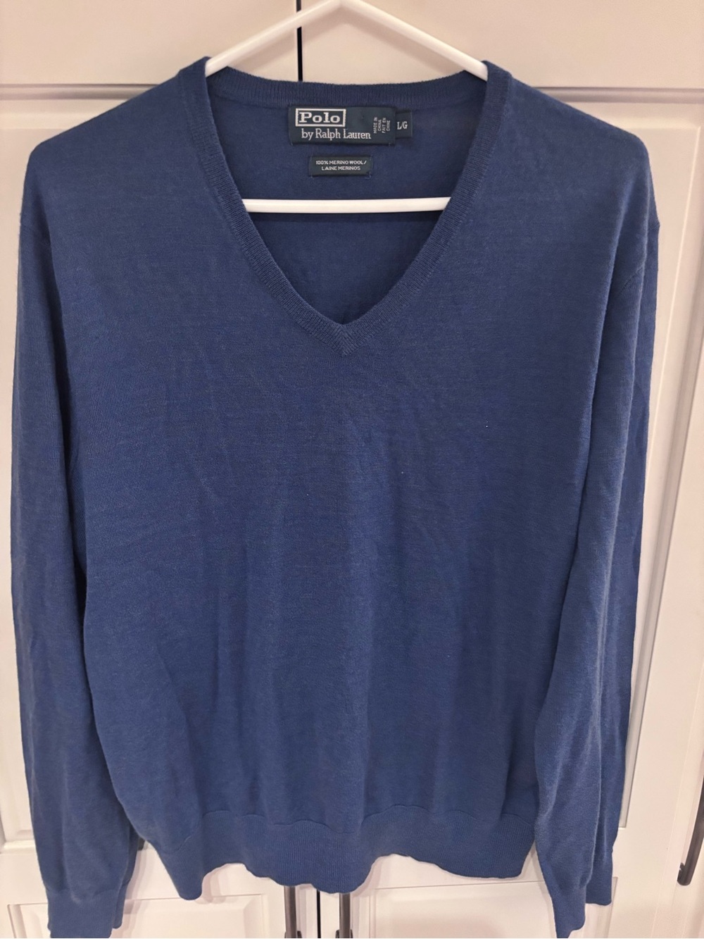 Polo by Ralph Lauren Men’s Blue V-Neck Sweater merano wool large
